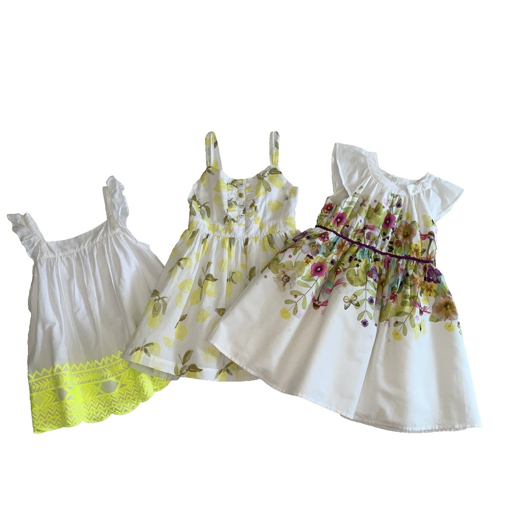 Girls Dresses Set 3 White Floral Lemon Embroidered Ruffle Cap‎ Sleeve Size 6/6x